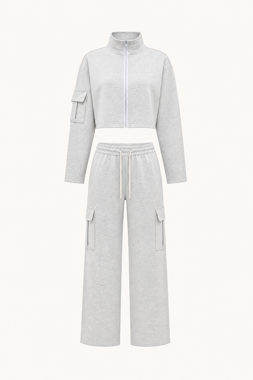 Gray Cropped Zip Jacket and Cargo Pants Set studio product view