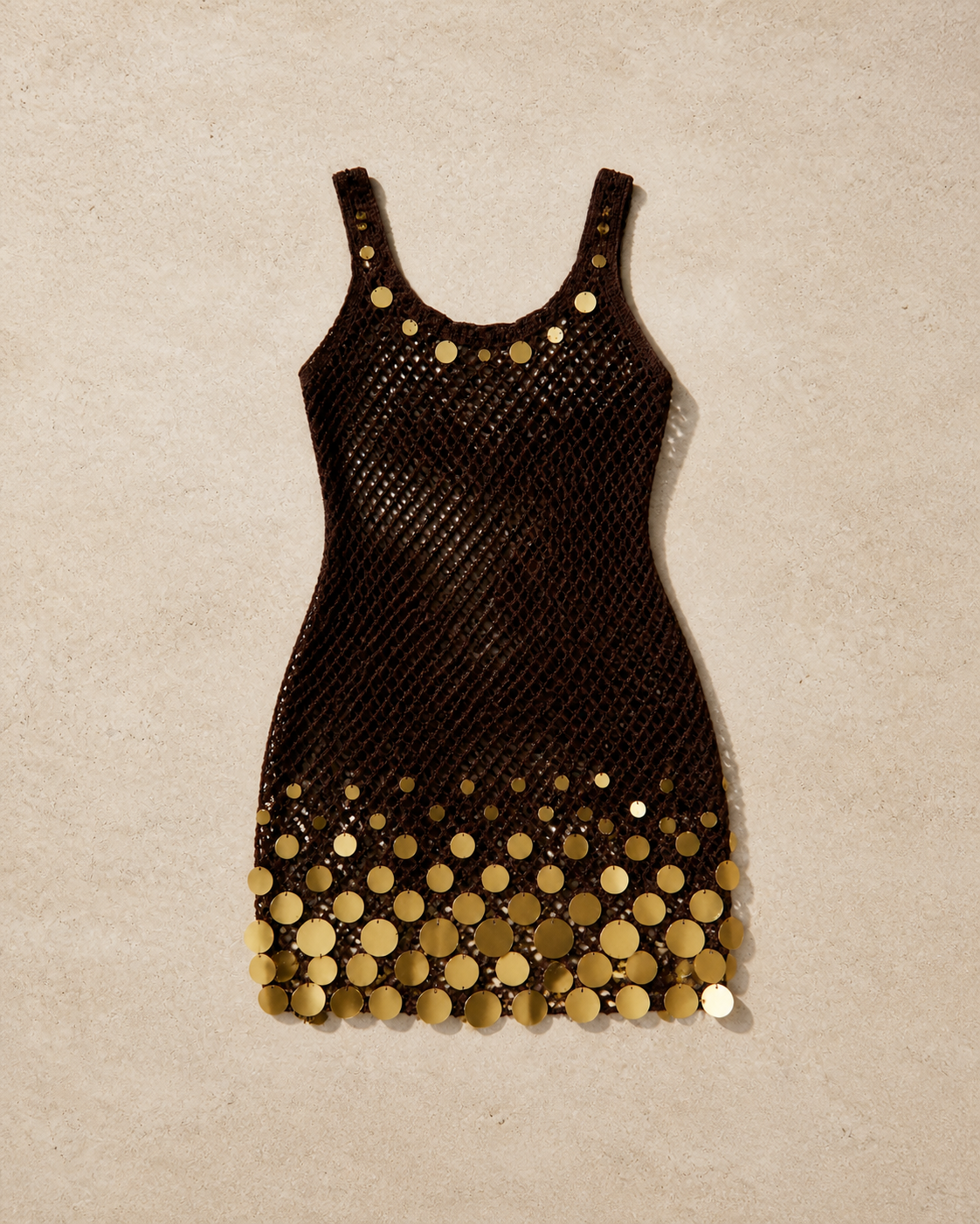 Brown mesh and sequin sleeveless mini cover-up dress, flat lay, full garment shown