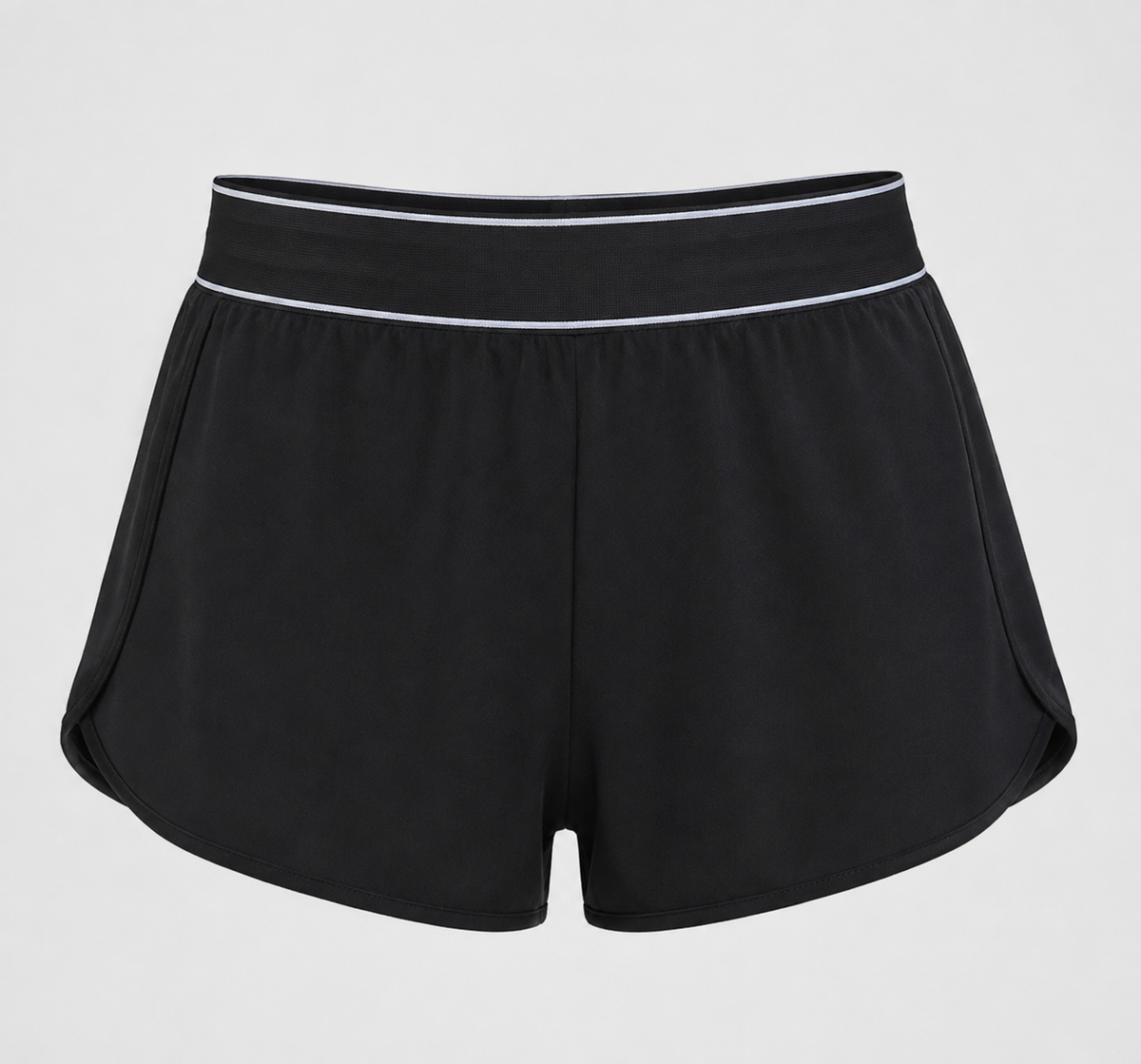 Black running shorts with fine white contrast lines along the waistband.