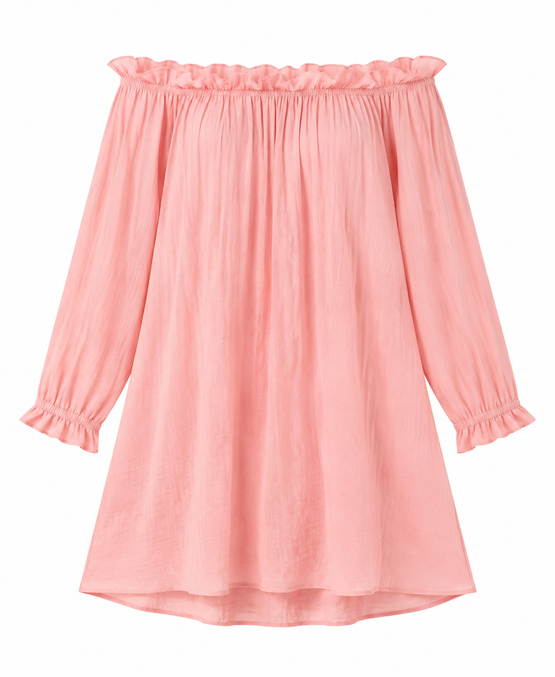 Pink off-shoulder cover-up dress detail showing the gathered neckline, long sleeves, and softly gathered cuffs.