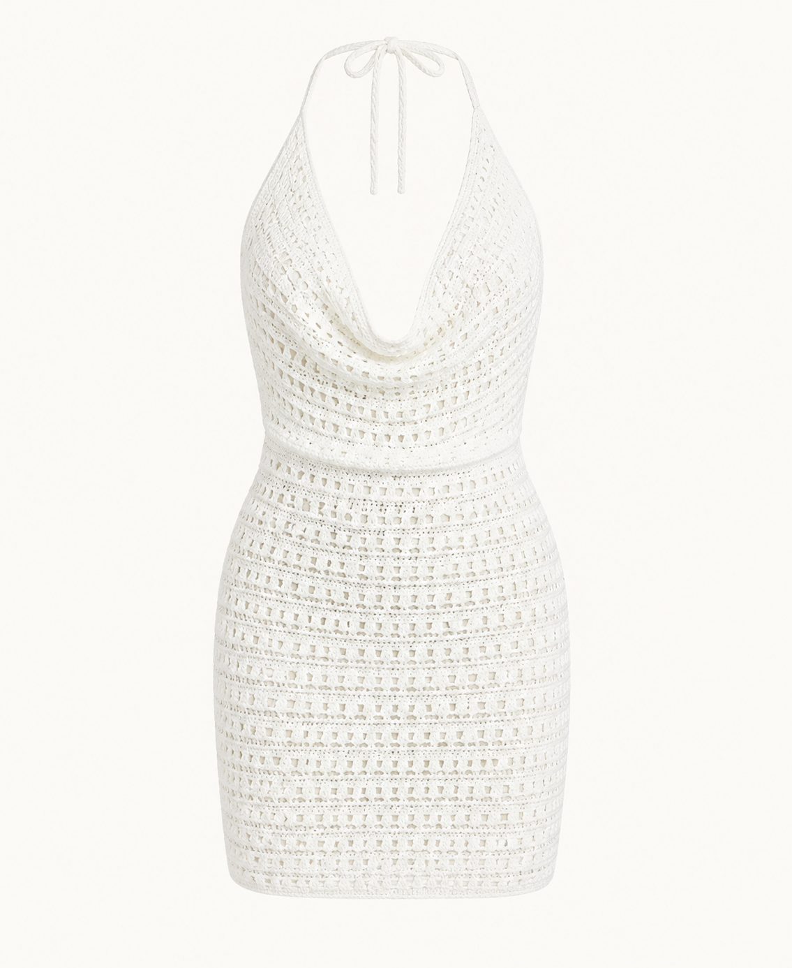 White crochet halter mini dress detail showing the cowl-like neckline and fitted short silhouette.