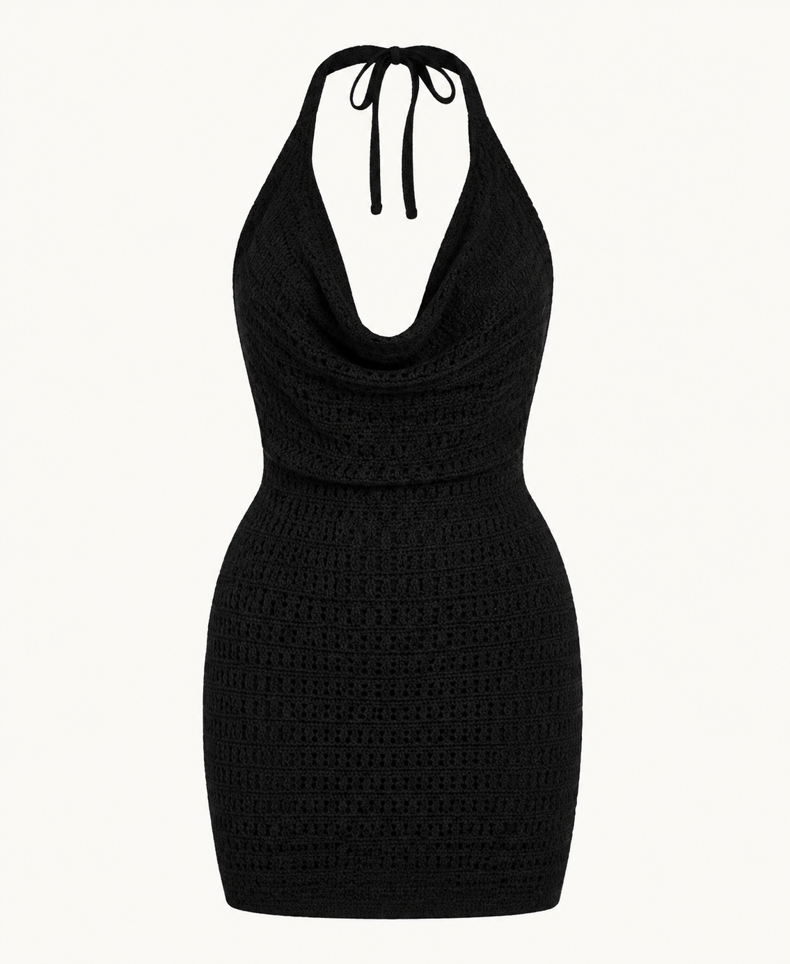 Black crochet halter mini dress detail showing the cowl-like neckline and fitted short silhouette.