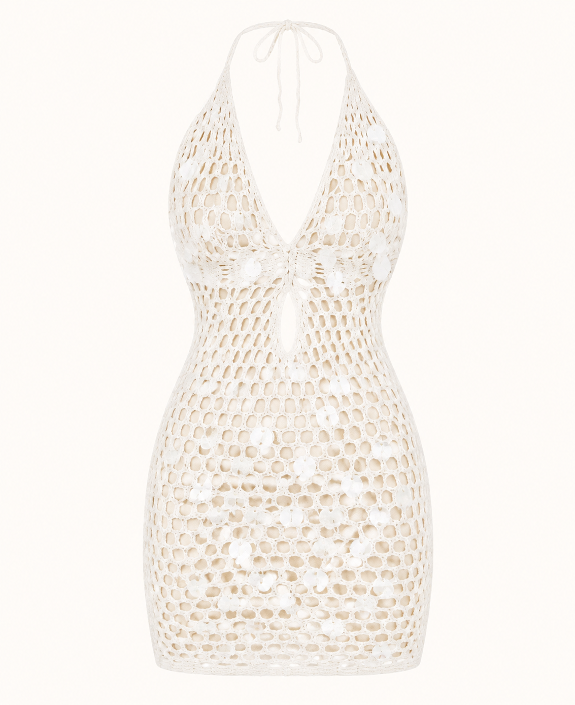 White-cream sequin crochet halter mini dress detail showing the open pattern, center waist opening, and sequin accents.