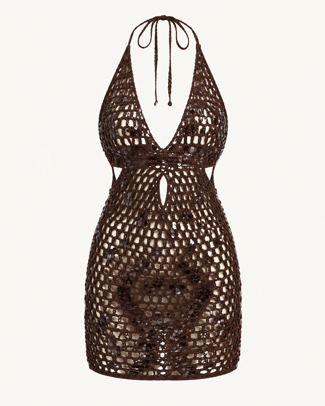 Chocolate-brown sequin crochet halter mini dress detail showing the open pattern, center waist opening, and sequin accents.