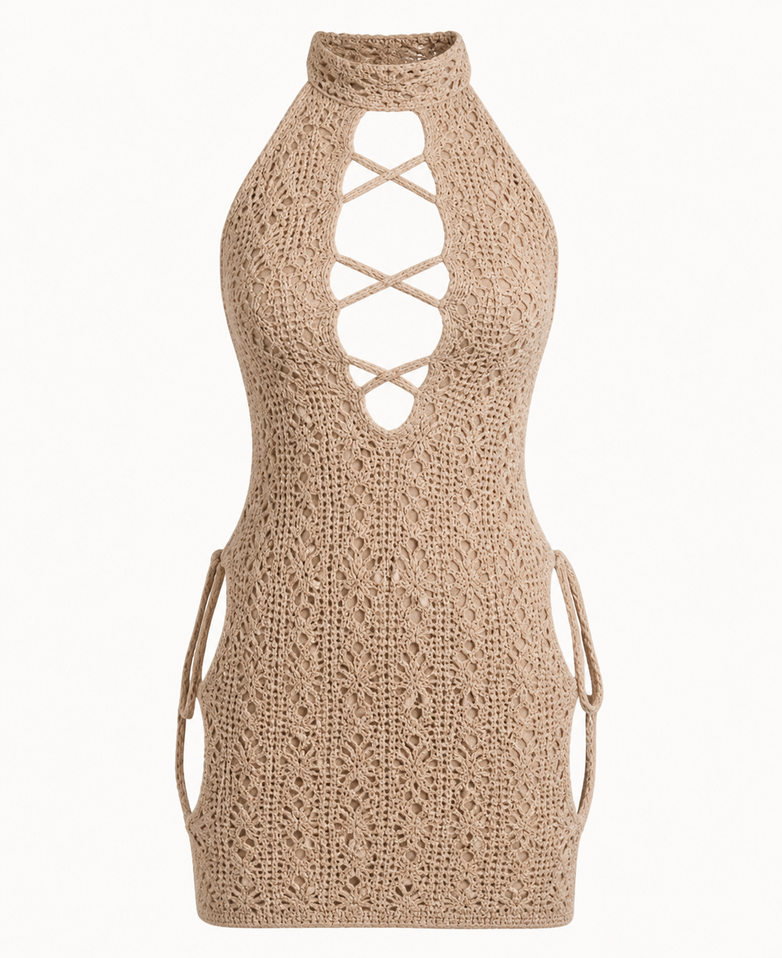 Tan-khaki crochet lace-up halter mini dress detail showing the high neckline, crisscross front openings, and side cutouts.