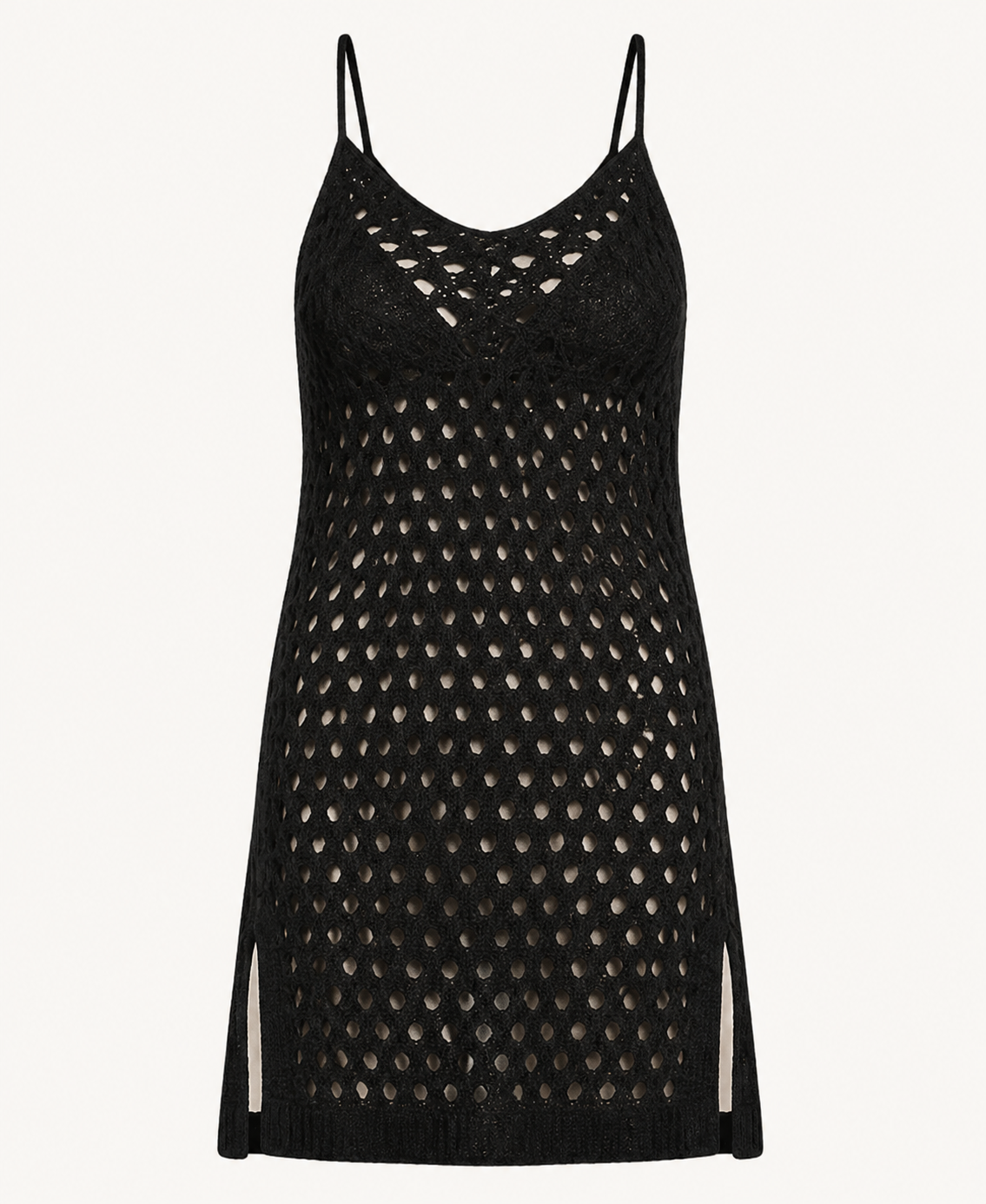 Black crochet eyelet cami mini dress detail showing the fine straps, eyelet pattern, side slits, and short hem.