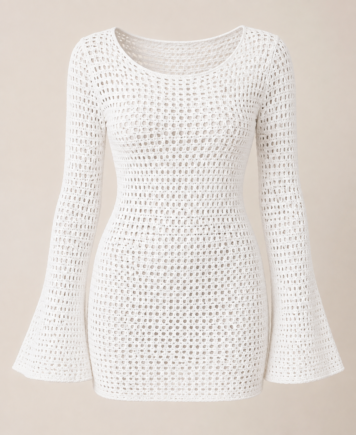 White crochet mini cover-up detail showing the rounded neckline, open stitch pattern, and flared cuffs.