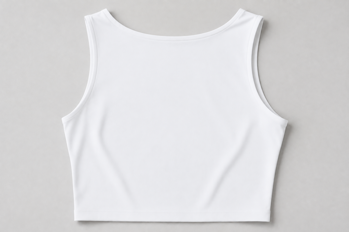 White cropped tank detail showing its wide neckline and curved armholes.