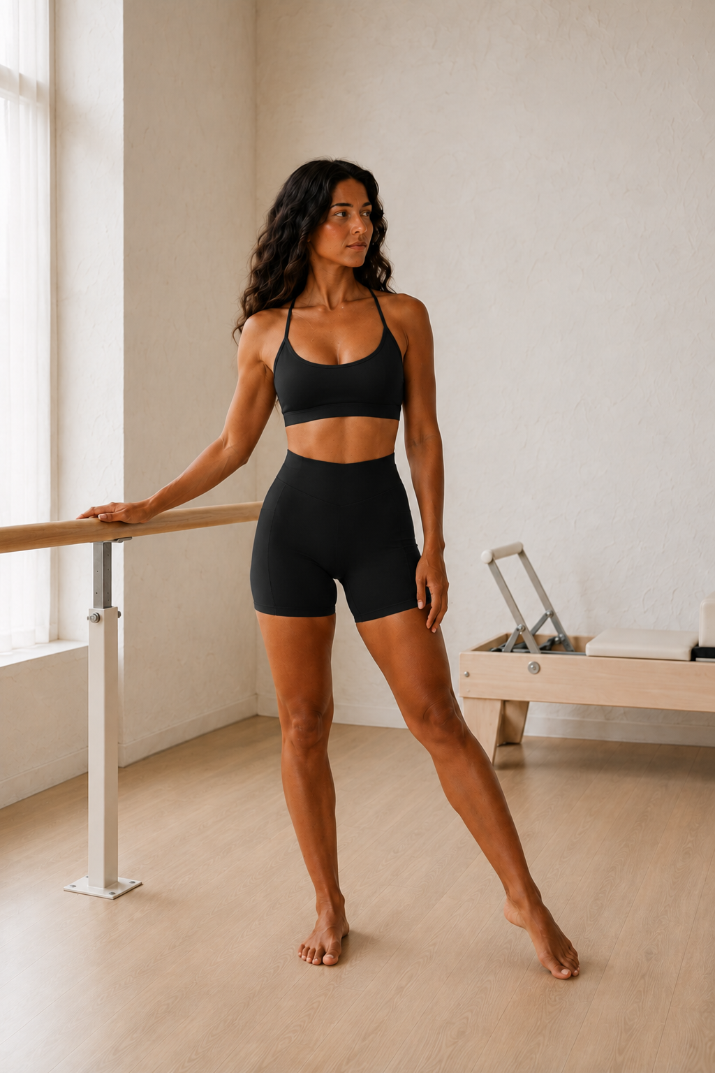 Black Cami Bra and Biker Shorts Set front view on model