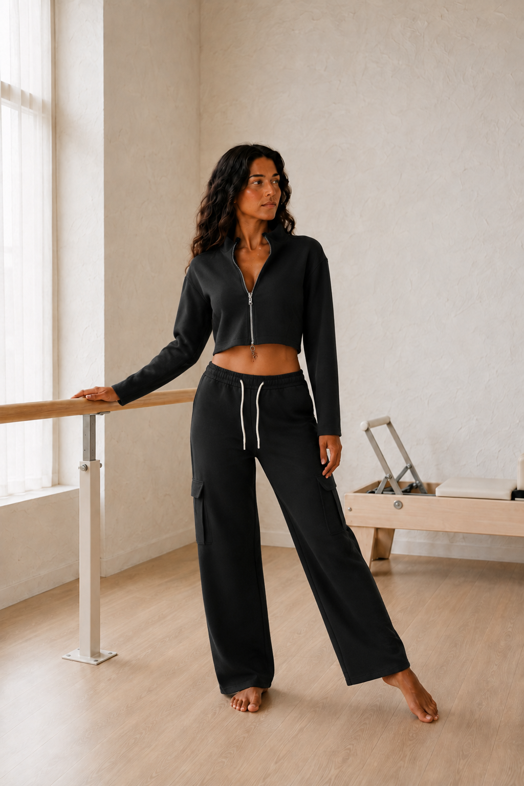 Black Cropped Zip Jacket and Cargo Pants Set front view on model
