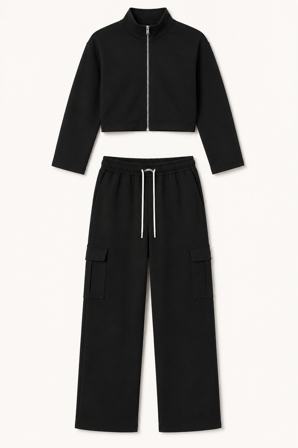 Black Cropped Zip Jacket and Cargo Pants Set studio product view
