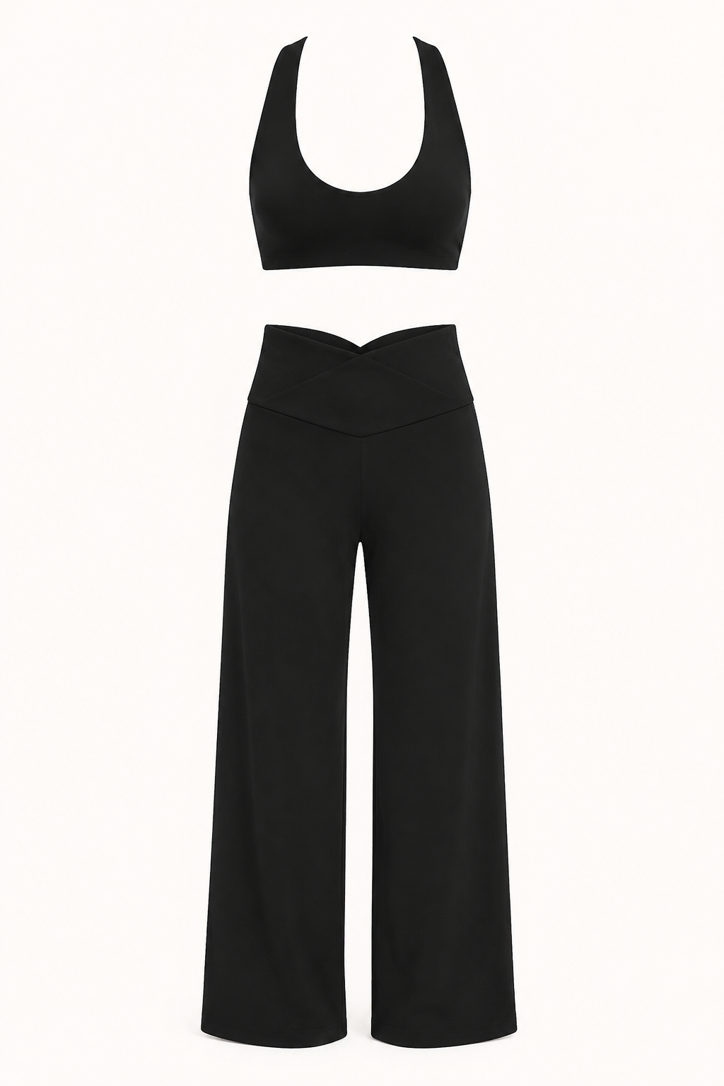 Black Halter Sports Bra and Crossover Wide-Leg Pants Set studio product view