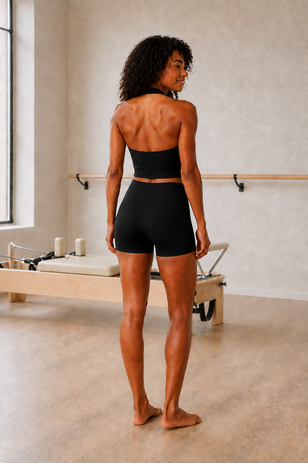 Black Halter Tank and Biker Shorts Set front view on model