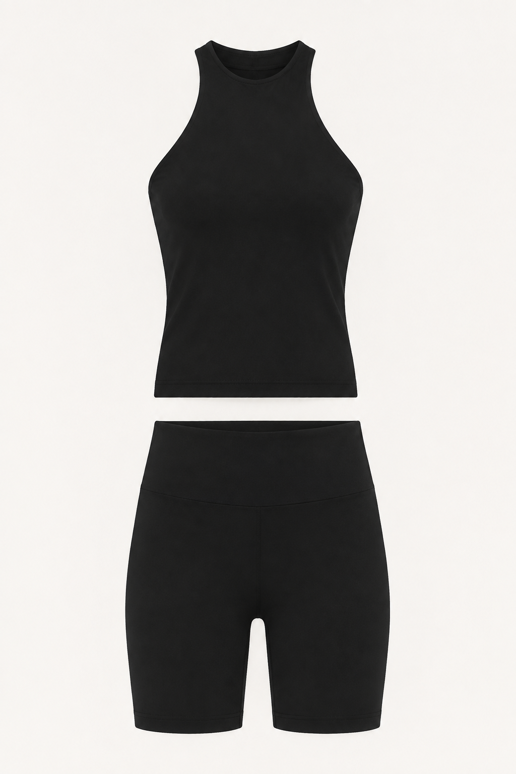 Black Halter Tank and Biker Shorts Set studio product view