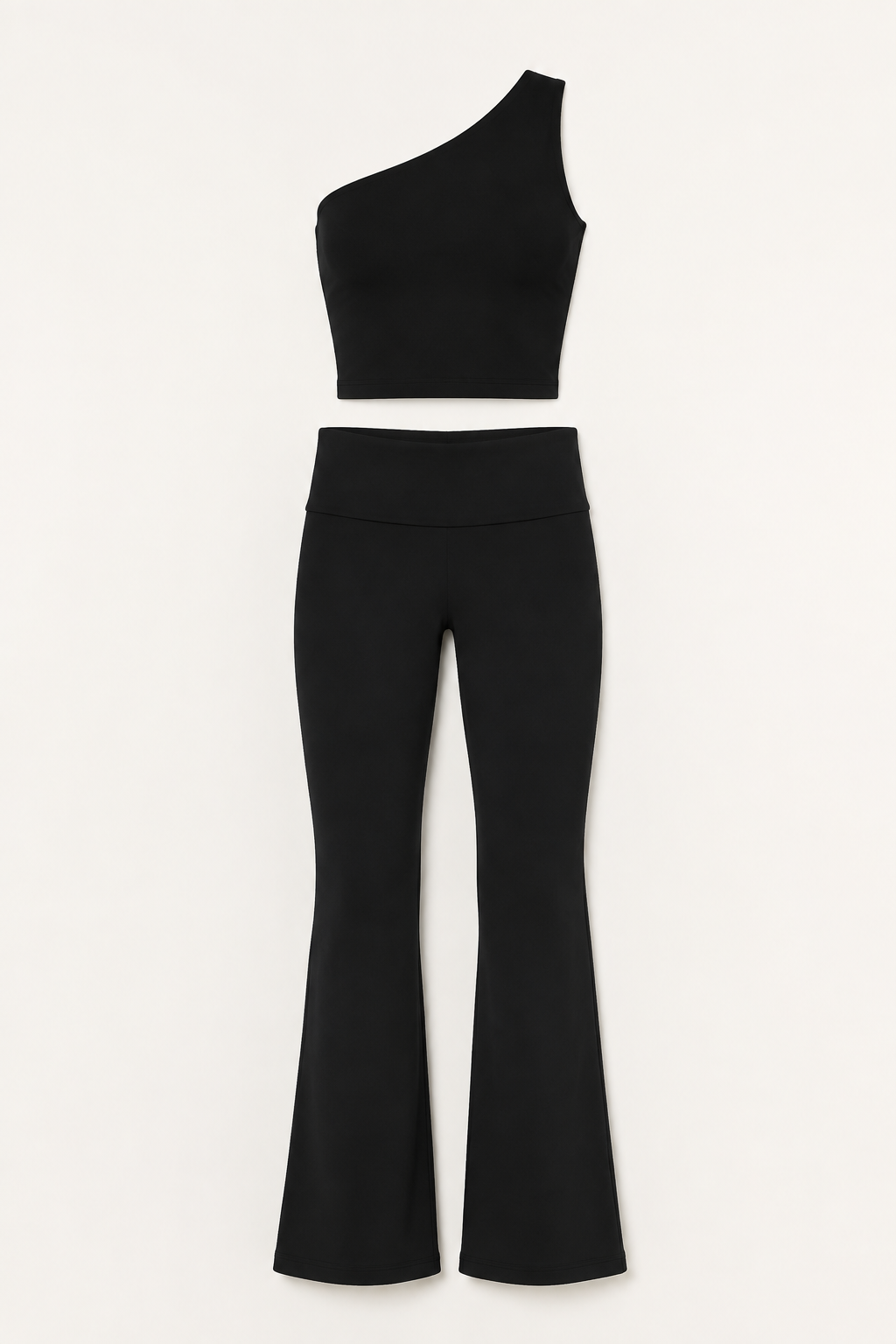 Black One-Shoulder Crop Top and Fold-Over Flare Pants Set studio product view