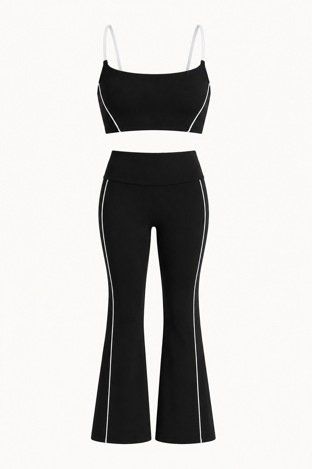 Black Sports Bra and Flare Pants Set studio product view