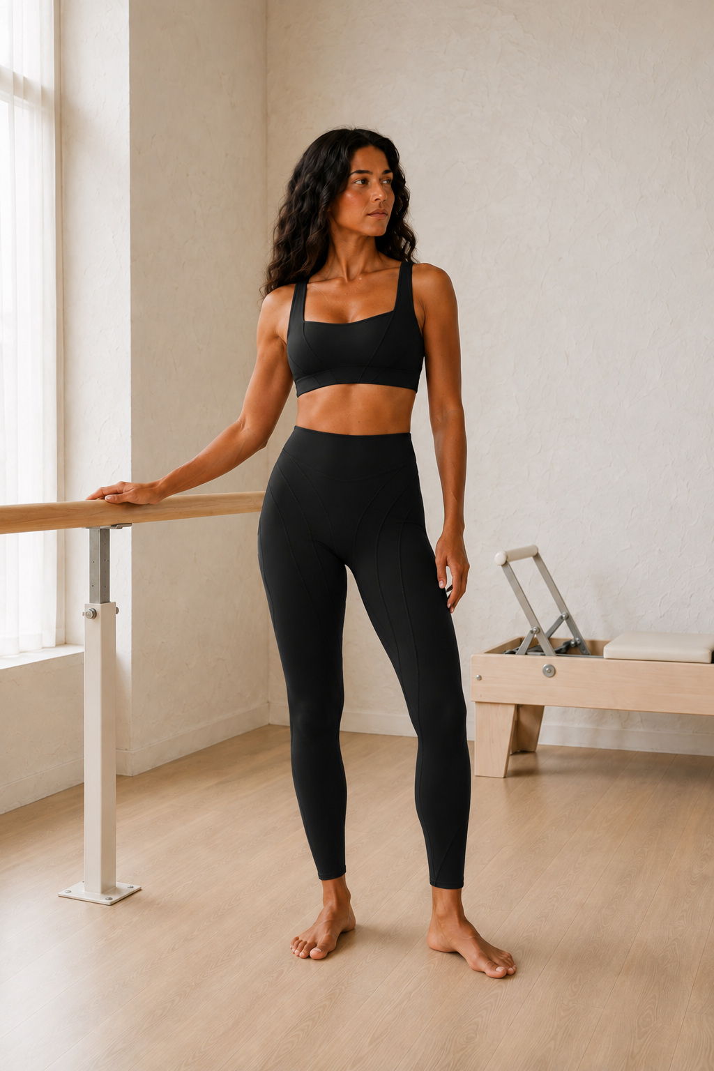 Black Square-Neck Sports Bra and High-Waist Leggings Set front view on model