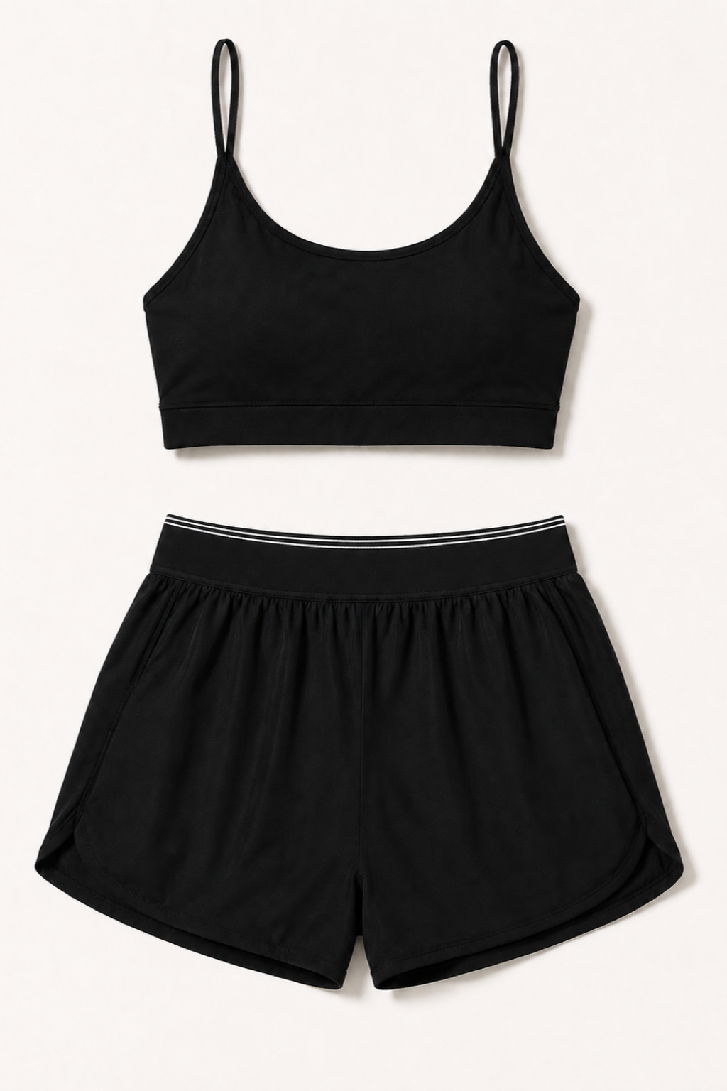 Black Strappy Sports Bra and Piped Running Shorts Set studio product view