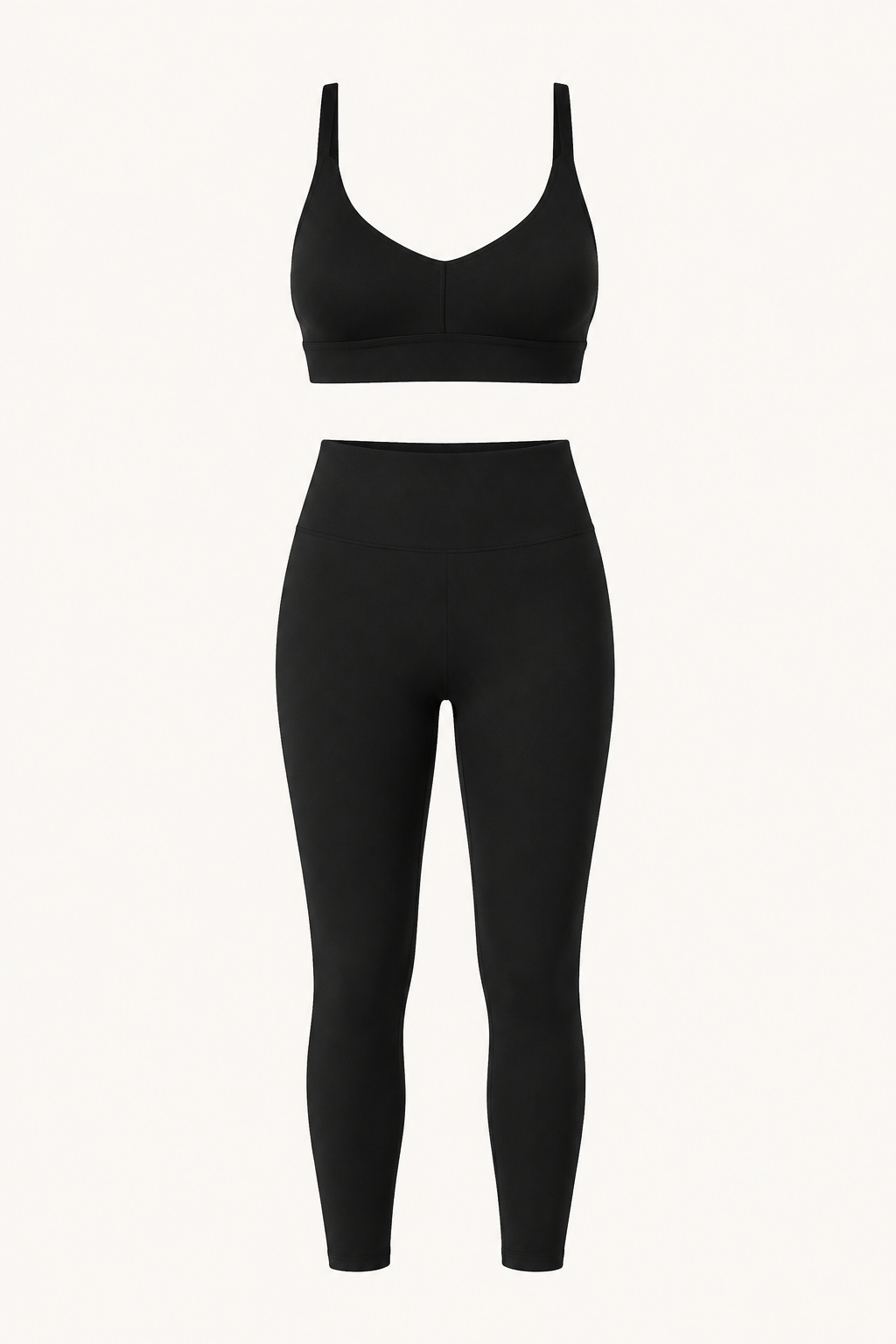 Black Strappy V-Neck Sports Bra and High-Waist Leggings Set studio product view