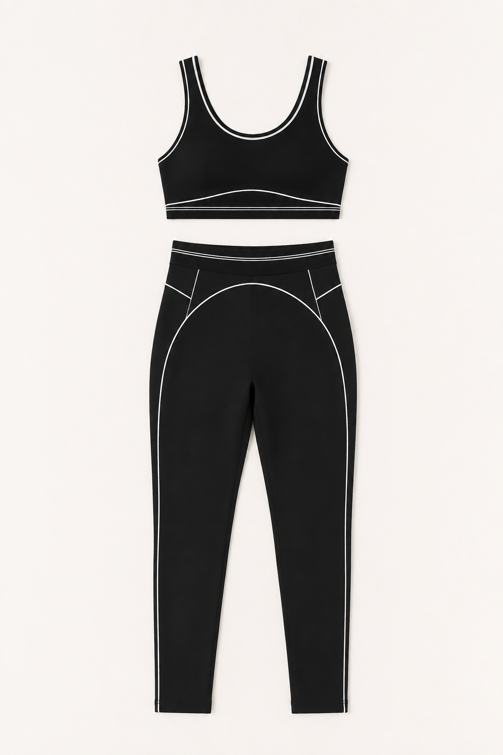Black White-Piped Sports Bra and High-Waist Leggings Set studio product view