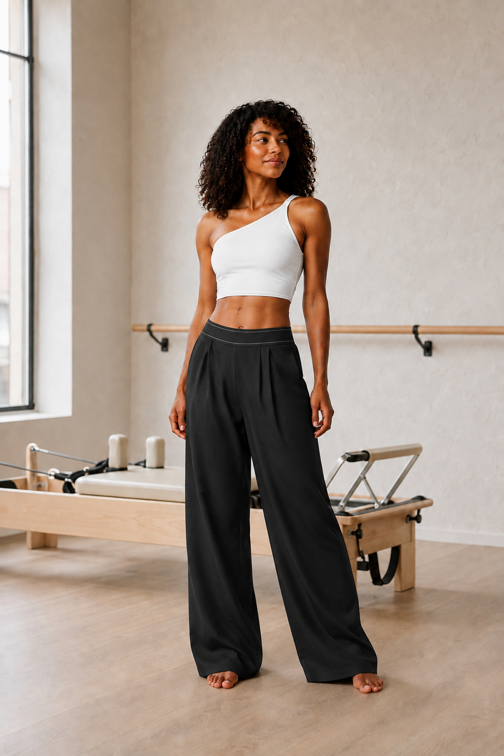 Black Wide-Leg Pleated Pants front view on model