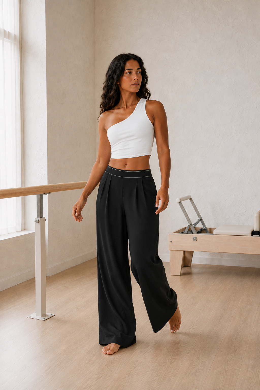 Black Wide-Leg Pleated Pants front view on model