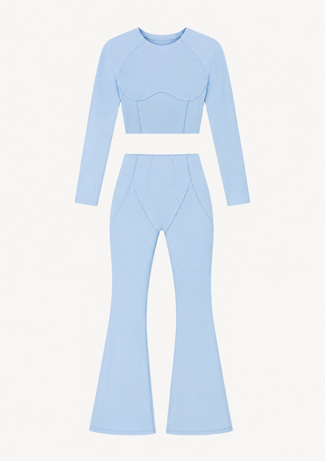 Blue Long-Sleeve Seamed Crop Top and High-Waist Flare Pants Set studio product view