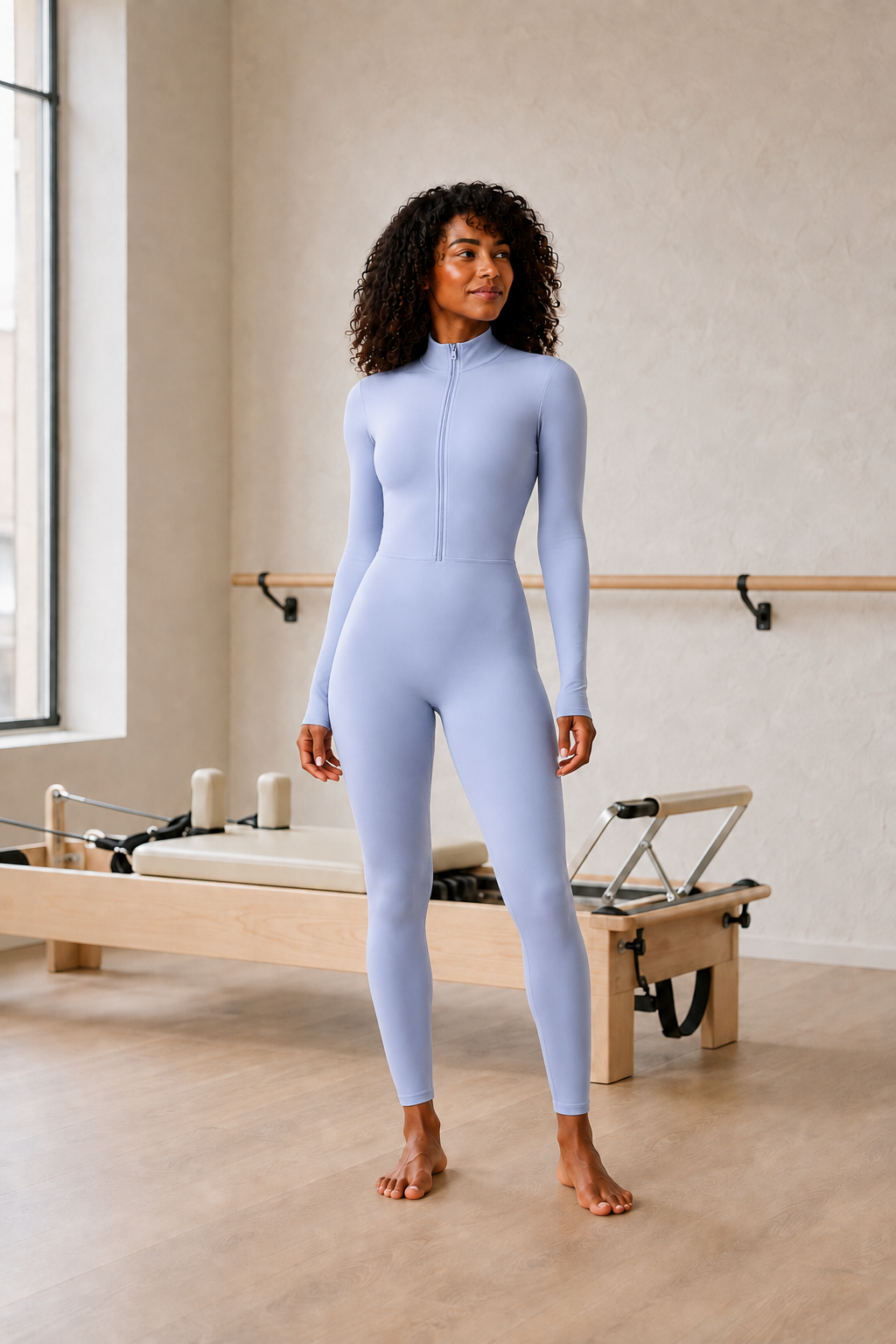 Blue Long-Sleeve Zip-Front Unitard front view on model