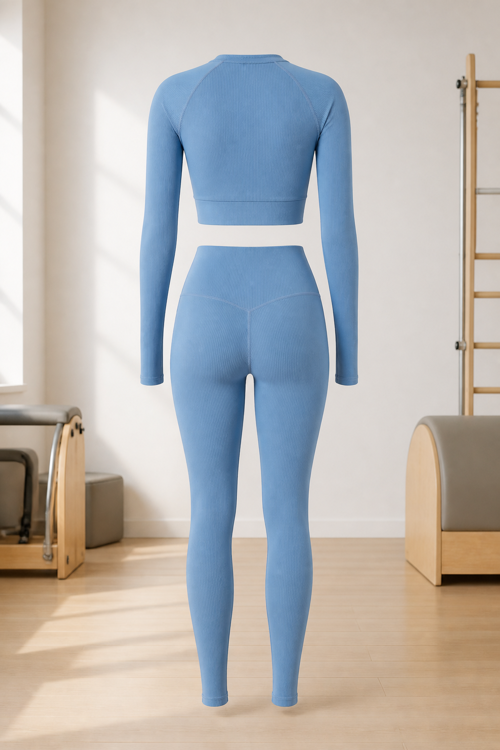 Blue Ribbed Long-Sleeve Crop Top and Leggings Set studio product view