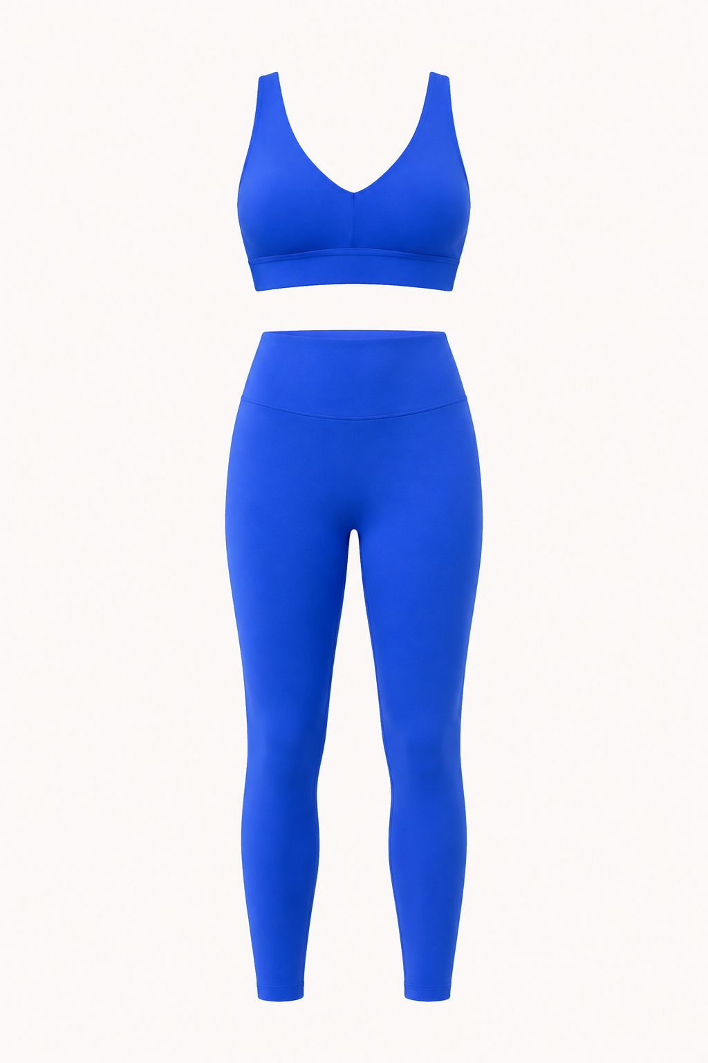 Blue Strappy V-Neck Sports Bra and High-Waist Leggings Set studio product view