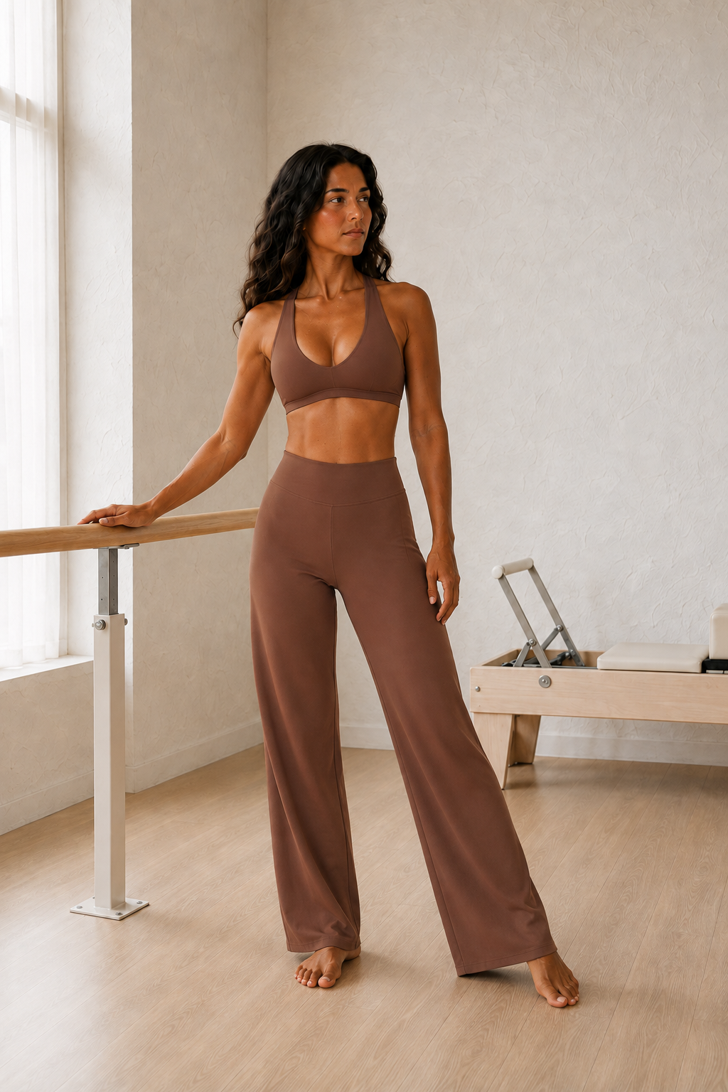 Brown Halter Sports Bra and High-Waist Wide-Leg Yoga Pants Set front view on model