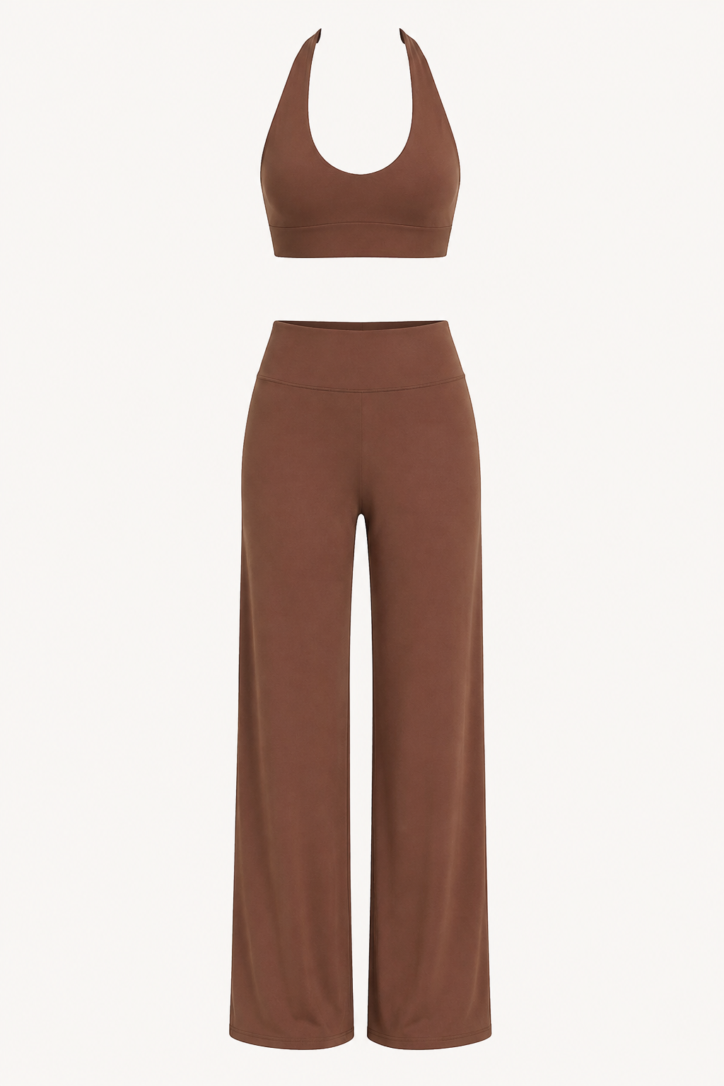 Brown Halter Sports Bra and High-Waist Wide-Leg Yoga Pants Set studio product view