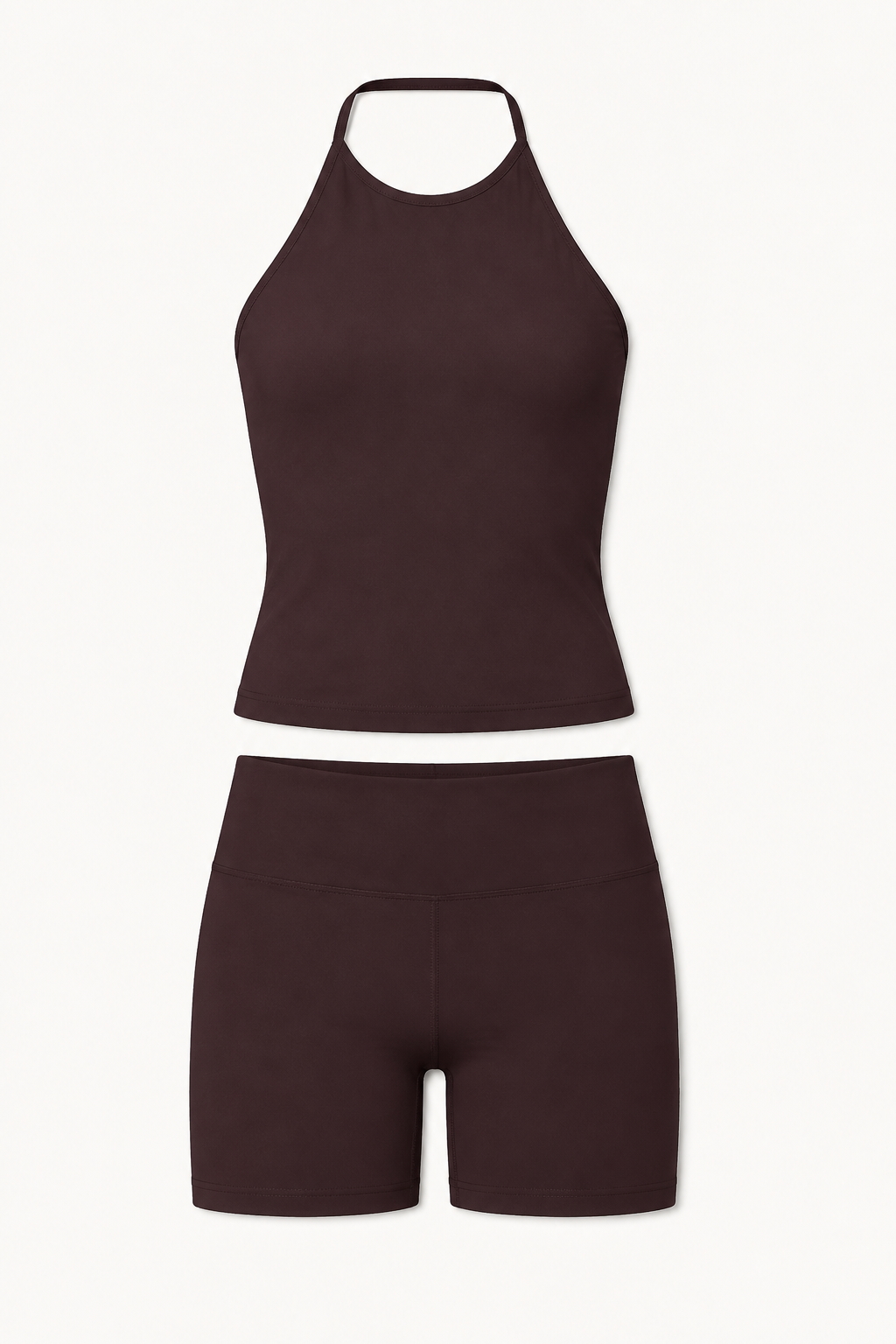 Brown Halter Tank and Biker Shorts Set studio product view