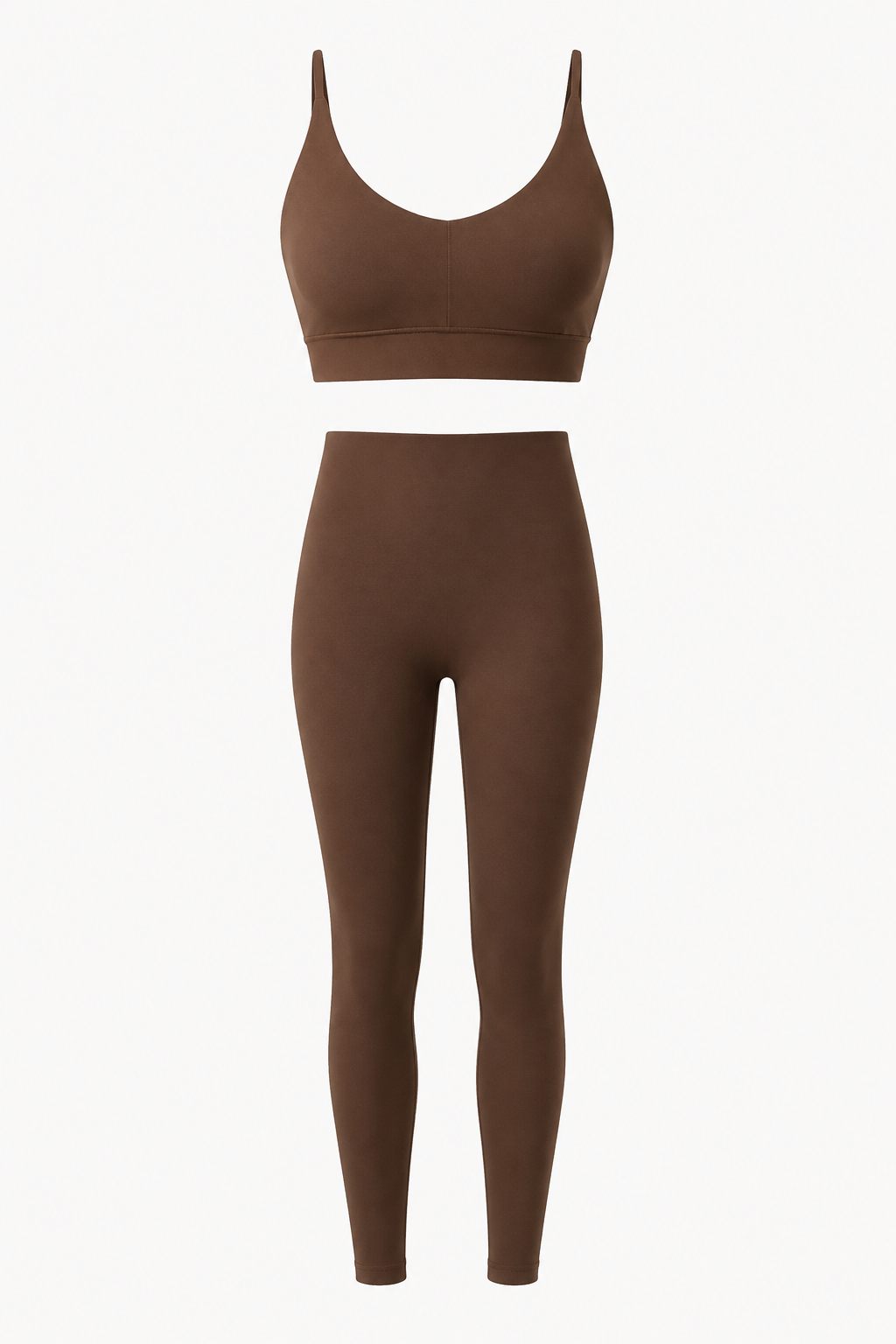 Brown Strappy V-Neck Sports Bra and High-Waist Leggings Set studio product view