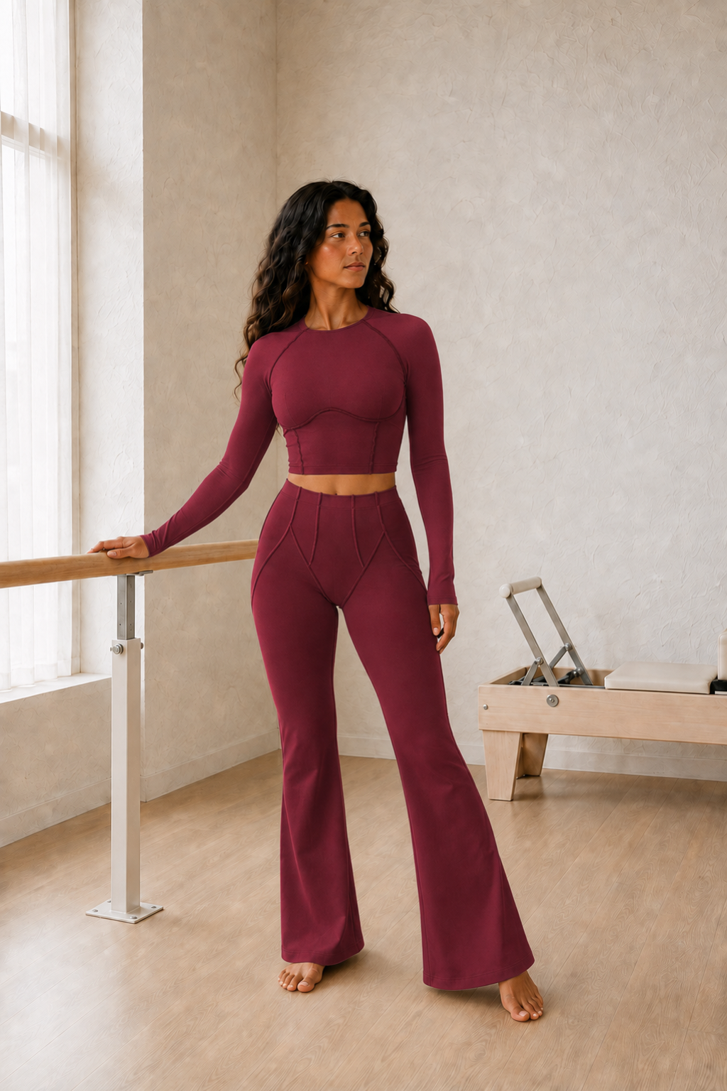 Burgundy Long-Sleeve Seamed Crop Top and High-Waist Flare Pants Set front view on model