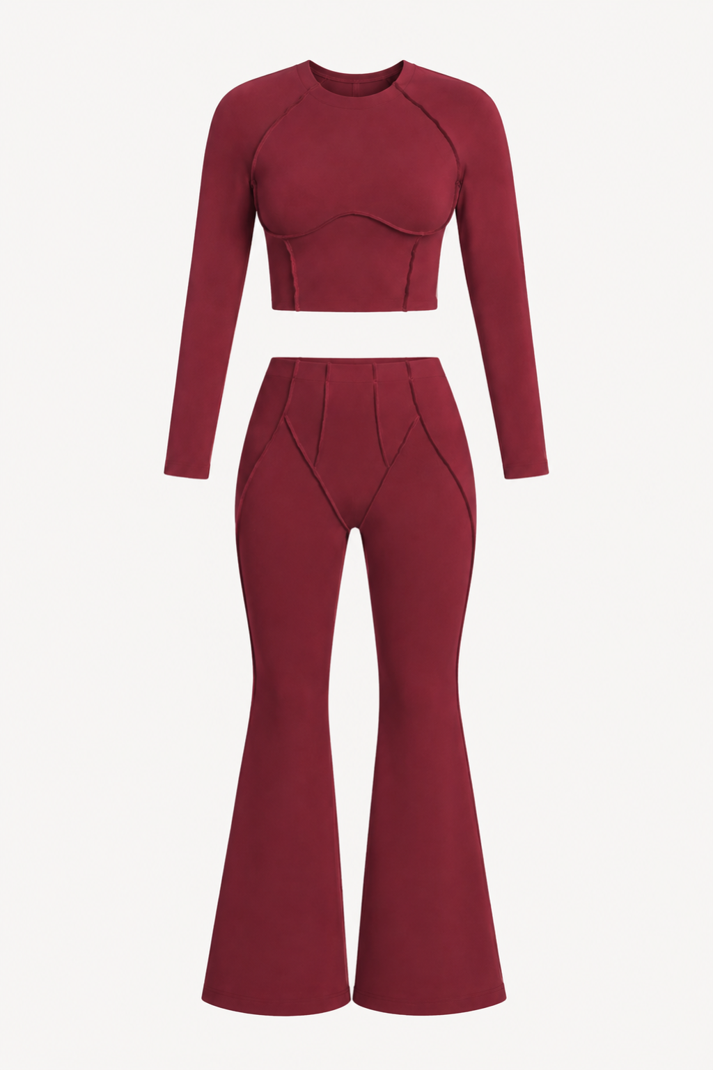 Burgundy Long-Sleeve Seamed Crop Top and High-Waist Flare Pants Set studio product view