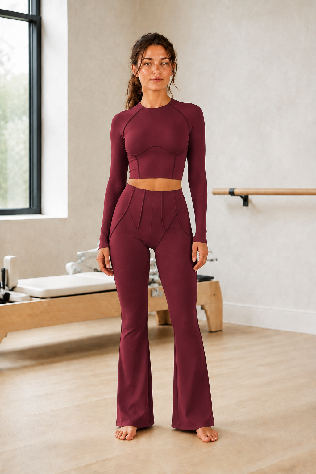 Burgundy Long-Sleeve Seamed Crop Top and High-Waist Flare Pants Set front view on model