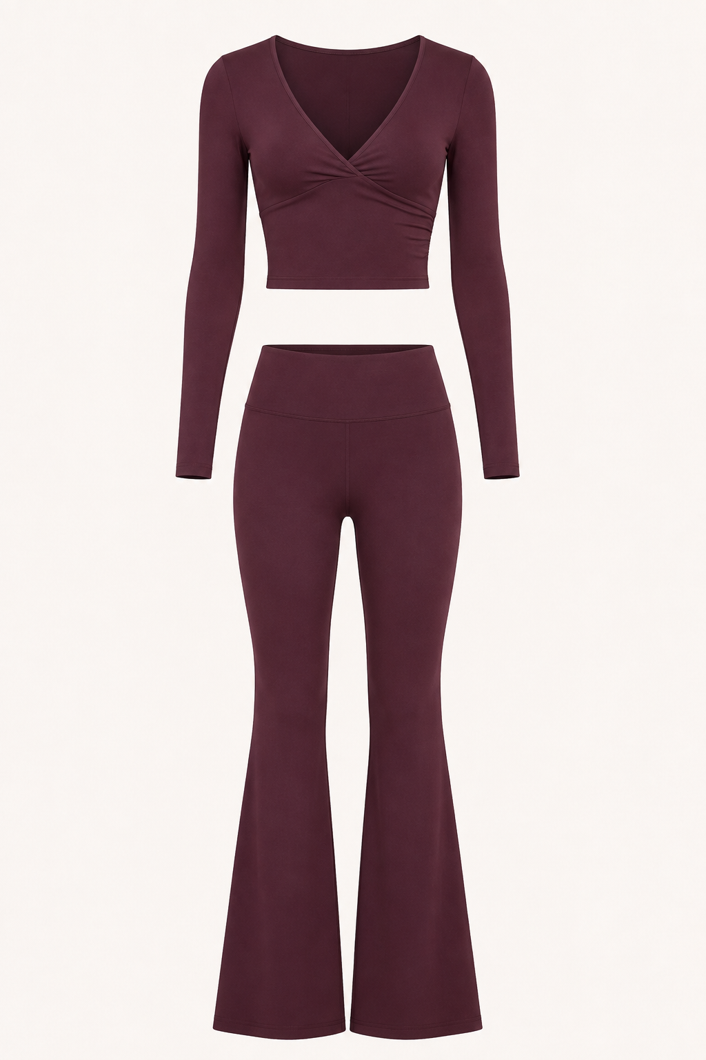 Burgundy Ruched V-Neck Crop Top and Flare Pants Set studio product view