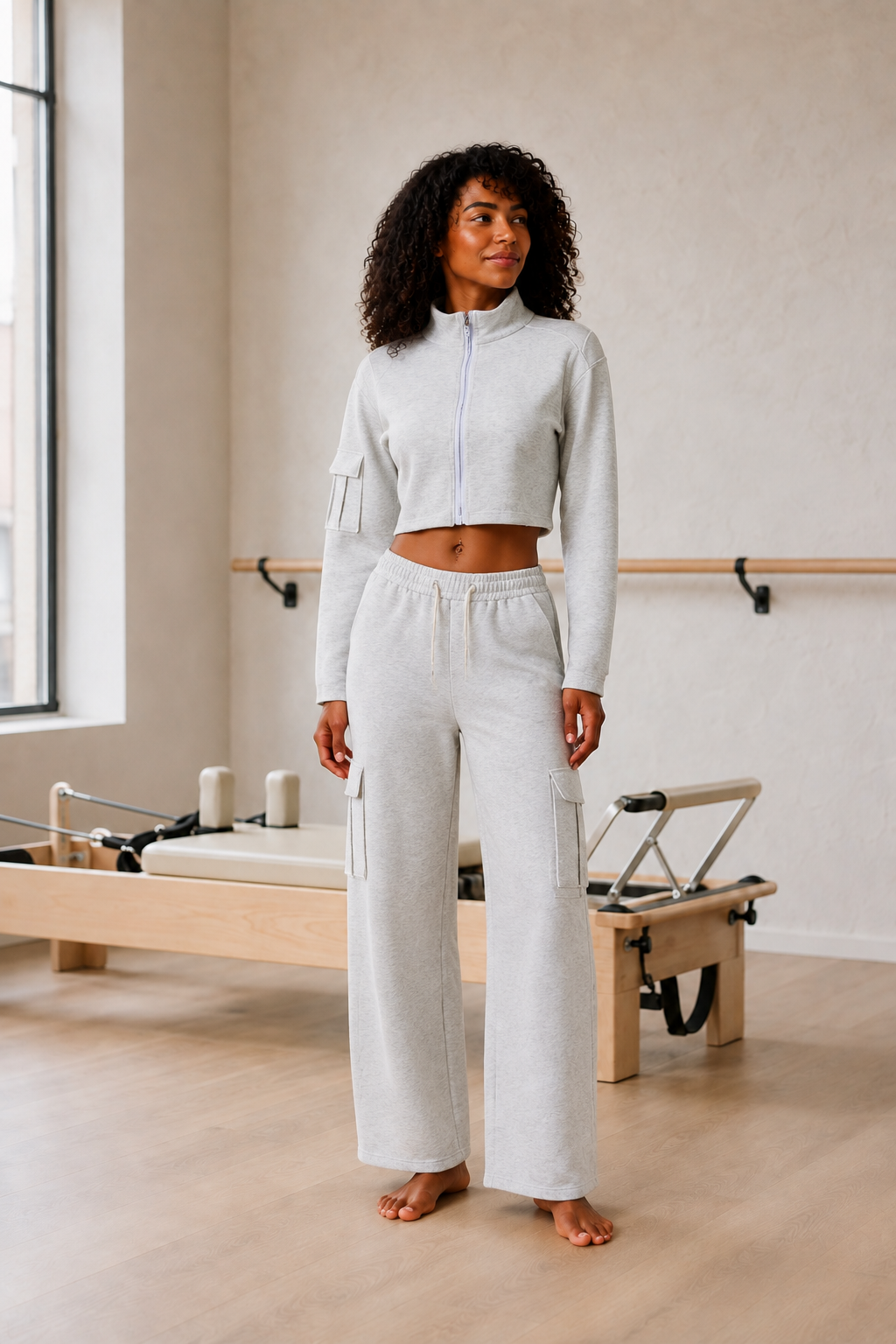 Gray Cropped Zip Jacket and Cargo Pants Set front view on model
