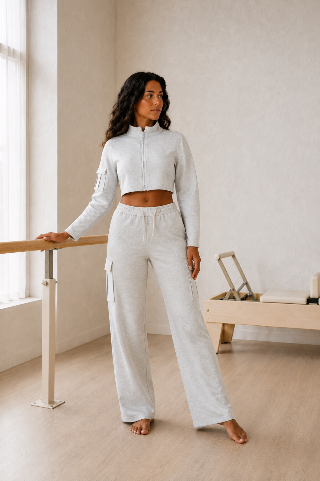 Gray Cropped Zip Jacket and Cargo Pants Set front view on model