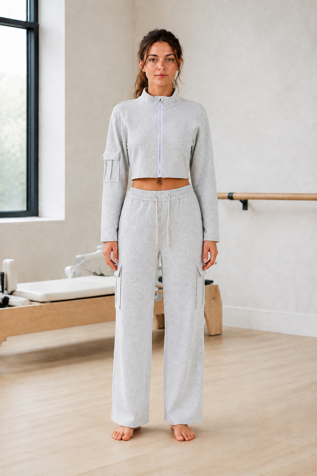 Gray Cropped Zip Jacket and Cargo Pants Set front view on model