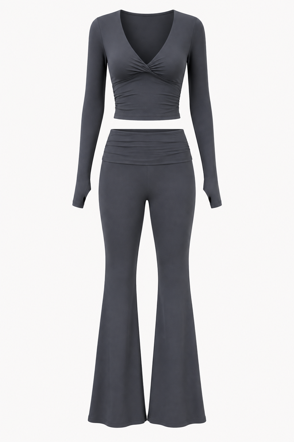 Gray Long-Sleeve V-Neck Crop Top and Flare Pants Set studio product view