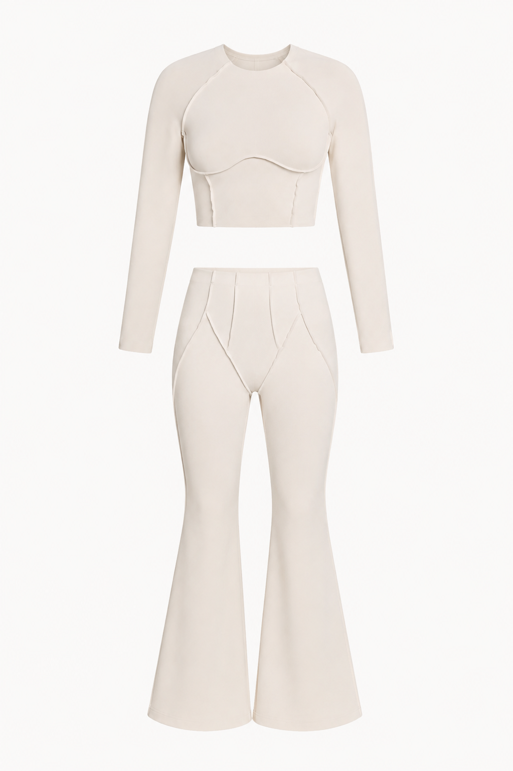 Ivory Long-Sleeve Seamed Crop Top and High-Waist Flare Pants Set studio product view