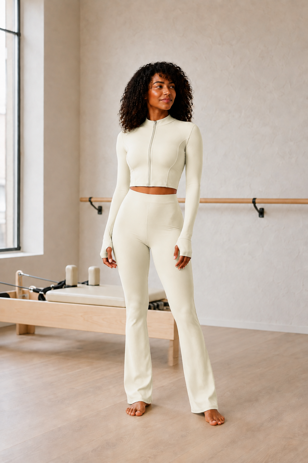 Ivory Long-Sleeve Zip Crop Jacket and Flare Pants Set front view on model