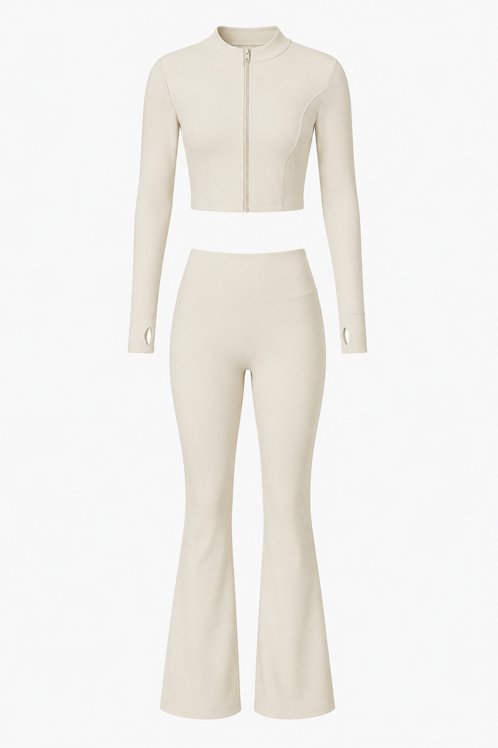Ivory Long-Sleeve Zip Crop Jacket and Flare Pants Set studio product view