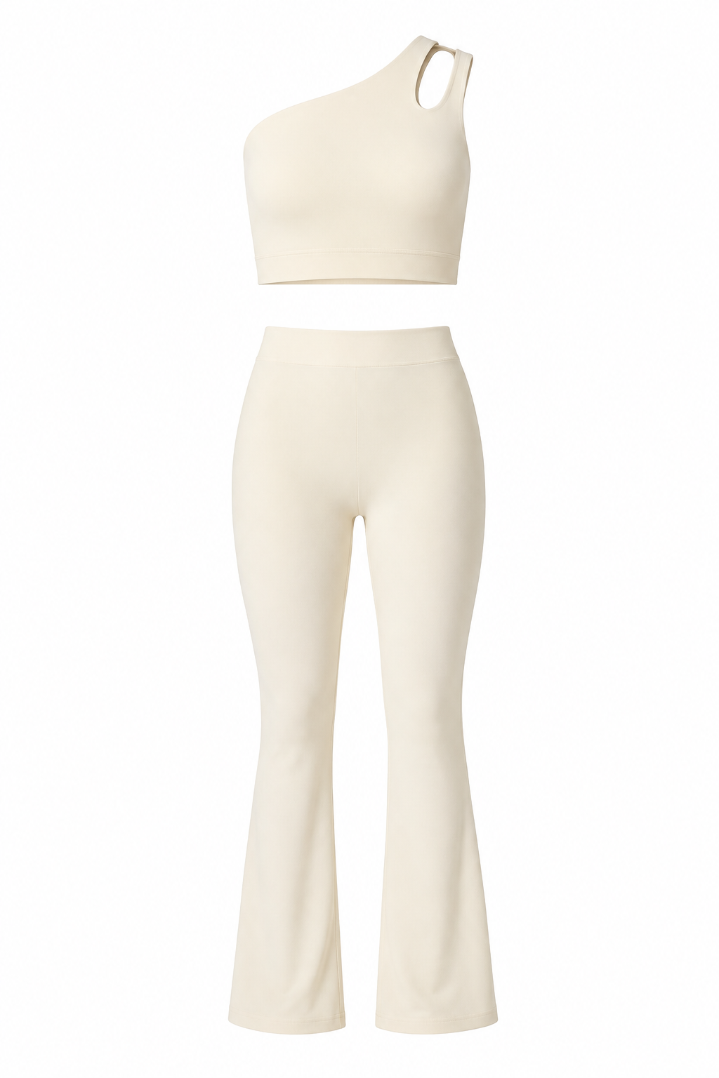 Ivory One-Shoulder Cutout Top and Flare Pants Set studio product view