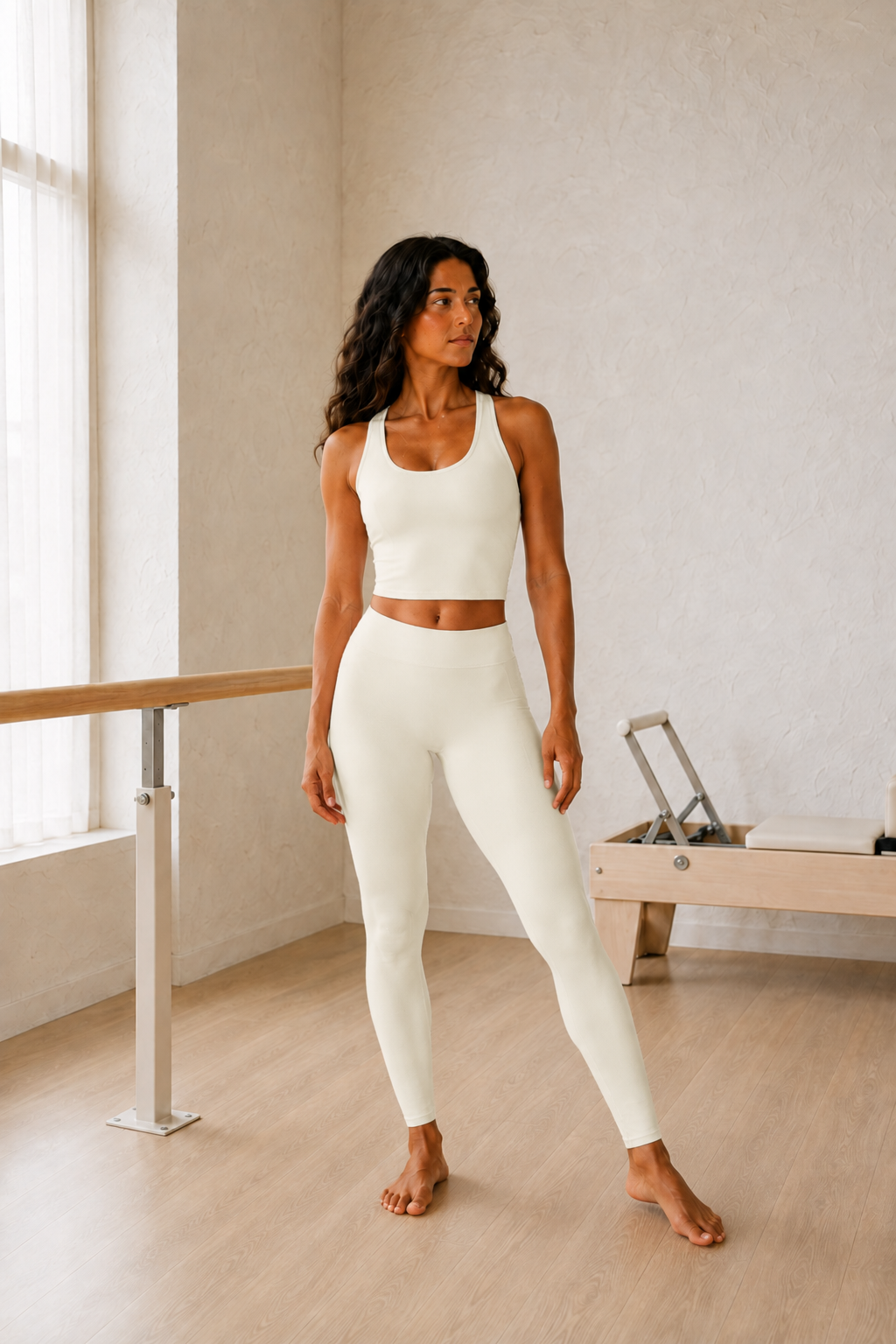 Ivory Racerback Crop Tank and High-Waist Leggings Set front view on model