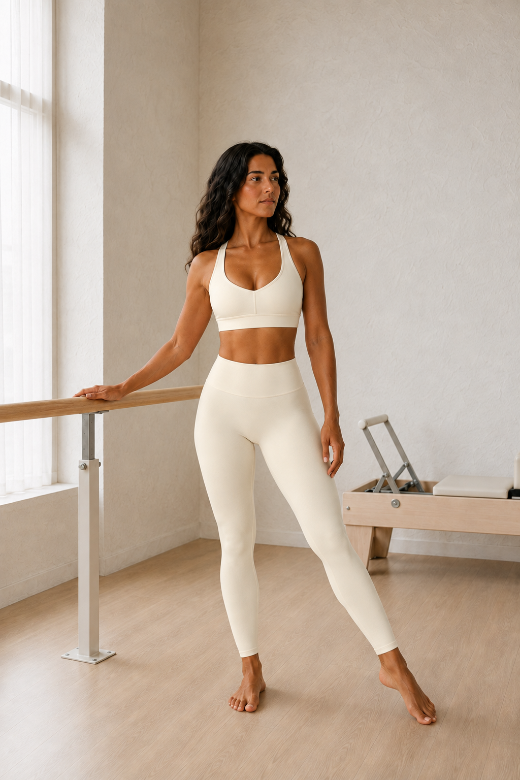 Ivory Strappy V-Neck Sports Bra and High-Waist Leggings Set front view on model