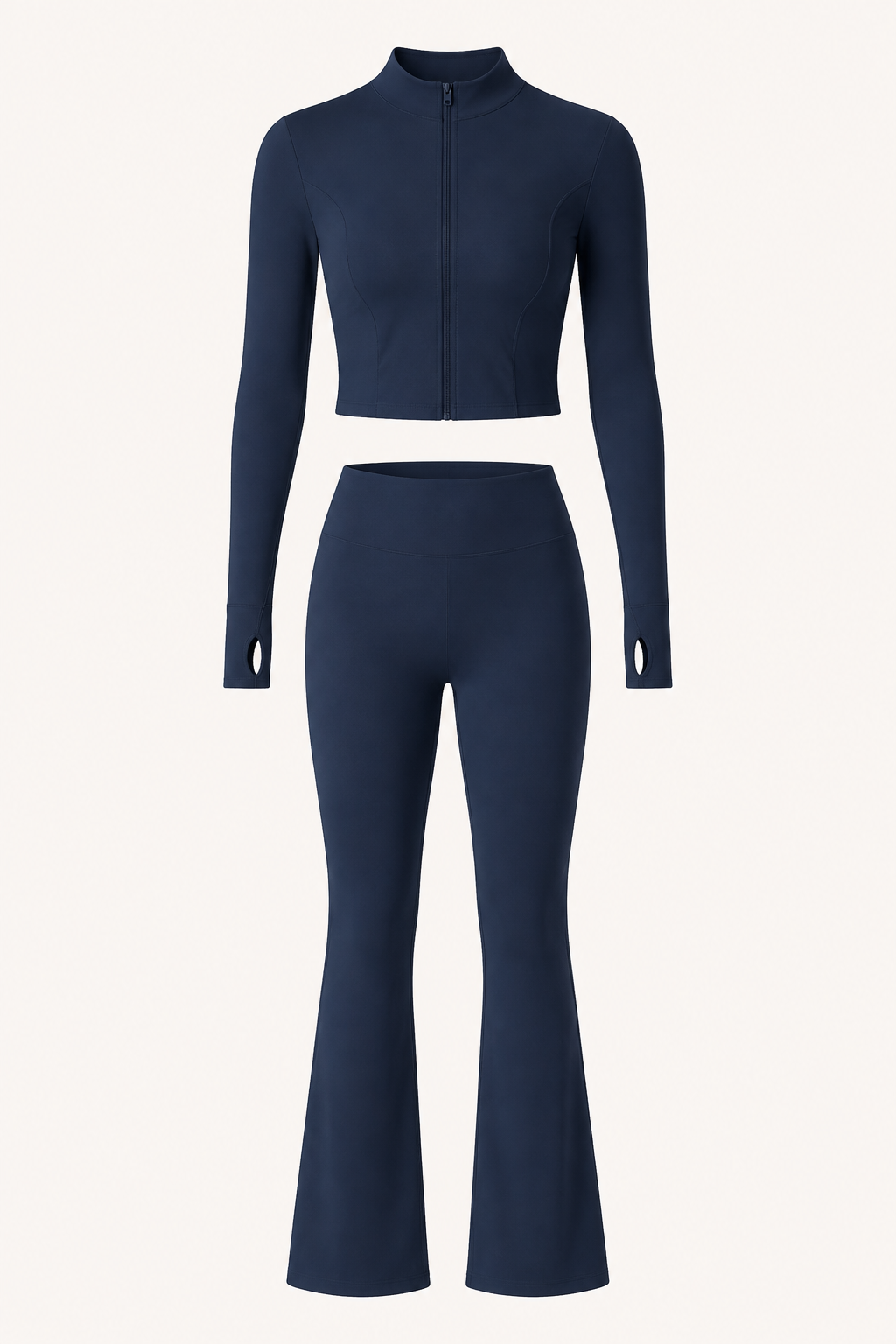 Navy Long-Sleeve Zip Crop Jacket and Flare Pants Set studio product view