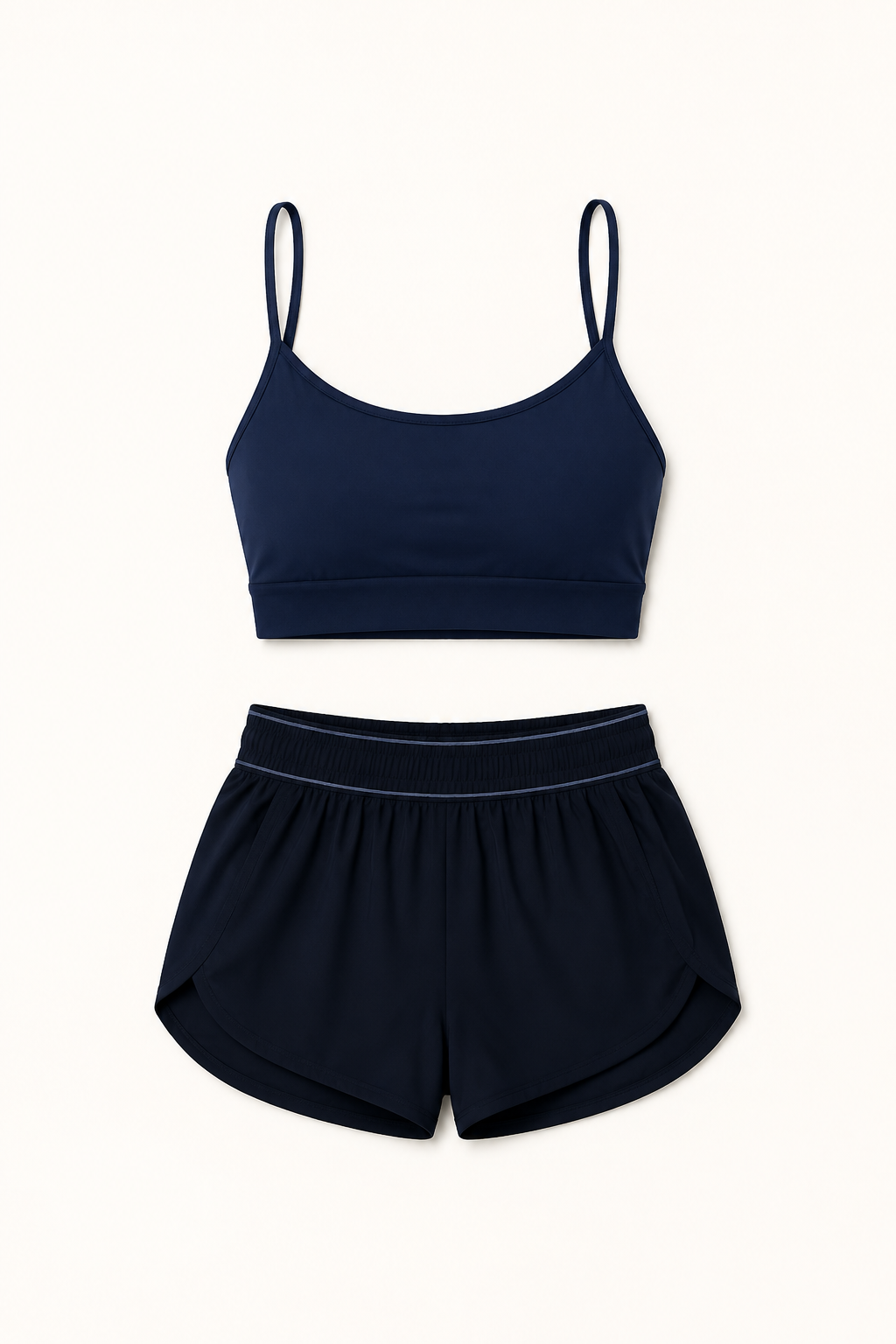 Navy Strappy Sports Bra and Dark Running Shorts Set studio product view